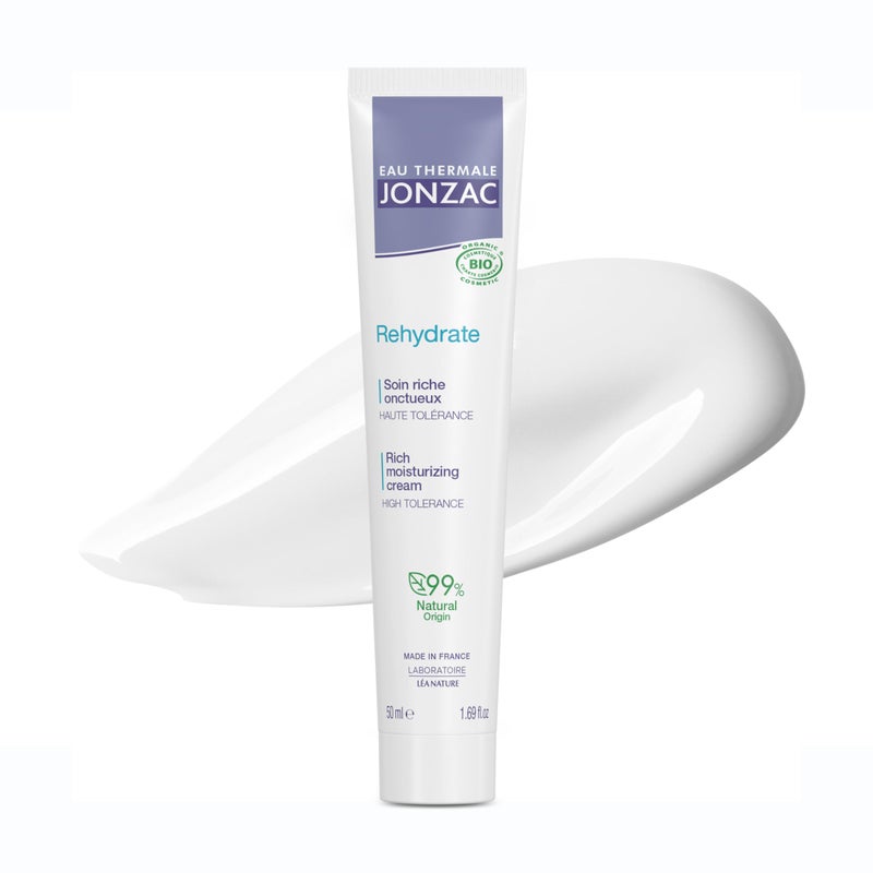 JONZAC Eau Thermale Rehydrate Organic Rich Sensitive Moisturizing Facial Cream - Intense 24hr Hydration, Shea Butter & Natural Hyaluronic Acid - Clinically Proven Skincare, All Skin Types, 1.69 Fl Oz - Image 1